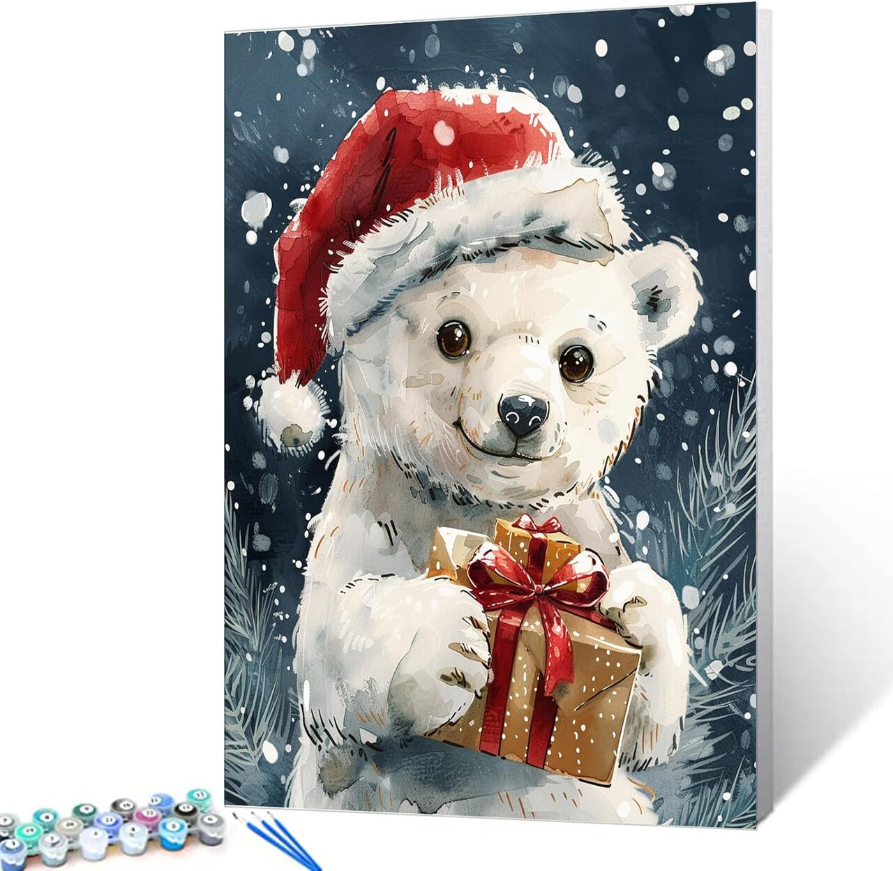 Cute Polar Bear Paint by Numbers Kit for Adult Christmas Animals DIY Canvas Paint by Numbers Red Santa Hat Acrylic Painting Home Decor Paint by Numbers Kits 16x20Inch Frameless